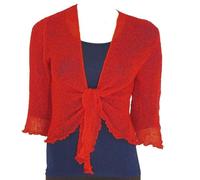 Womens Loose Knitted Bolero Shrug ¾ Sleeve Tie Up Open Front Shrug Top Street Fashion Sweaters Ladies Winter Fashion Party Wear Crochet Cardigan (Red UK 14)
