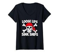 Women's Loose Lips Sink Ships Skull Funny Drunk Pirate Rum Cruise V-Neck T-Shirt