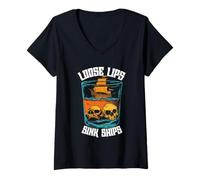 Womens Loose Lips Sink Ships Vintage Skull Pirate Men Women V-Neck T-Shirt