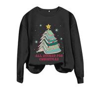 Womens Loose Long Sleeve Sweatshirts Pullover Tops Women's Round Neck Long Sleeved ALL BOOKED FOR CHRISTMAS Letter Printed Hoodie Distressed Pullover (Black, L)