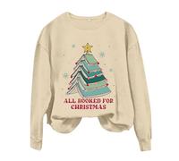Womens Loose Long Sleeve Sweatshirts Pullover Tops Women's Round Neck Long Sleeved ALL BOOKED FOR CHRISTMAS Letter Printed Hoodie Distressed Pullover (Beige, M)