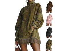 Women's Loose Mini Dress, Faux Suede Fringe Hem Turtleneck Dress, Fall Long Sleeve Patchwork Casual 2026 (Green,L)