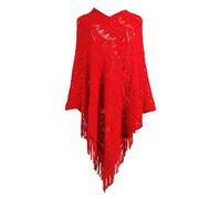 Women's Loose Pure-Color Knitted Sweaters Women's Pullovers Wrap Poncho Ladies Cape with Fringed Hem Crochet Poncho Knitting Solid for Women Knitted Poncho Shawl Wrap Scarf Womens Cape (Red, One Size)