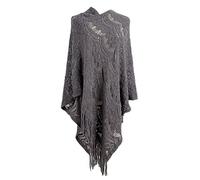 Women's Loose Pure-Color Knitted Sweaters Women's Pullovers Wrap Poncho Ladies Cape with Fringed Hem Crochet Poncho Knitting Solid for Women Knitted Poncho Shawl Wrap Scarf Womens (Grey, One Size)