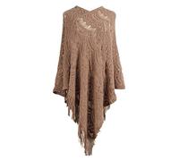 Women's Loose Pure-Color Knitted Sweaters Women's Pullovers Wrap Poncho Ladies Cape with Fringed Hem Crochet Poncho Knitting Solid for Women Knitted Poncho Shawl Wrap Scarf Womens (Khaki, One Size)