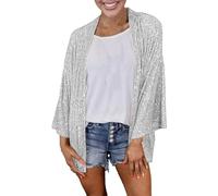 Women's Loose Sequin Wide Legged Top Solid Color Open Front Cardigan Womens Long Sleeve Cardigan Silver