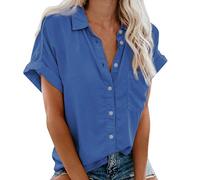 Women's Loose Solid Color Button Down Shirt Blouse with Chest Pocket Summer Dropped Shoulder Short Sleeve Lapel Shirts(Blue,XX-Large)