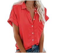 Women's Loose Solid Color Button Down Shirt Blouse with Chest Pocket Summer Dropped Shoulder Short Sleeve Lapel Shirts(Red,Large)