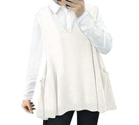 Women's Loose Swing Chunky Cotton Cute Sweater Tank Top Oversized Cable Knit Pullover Sweater with Pockets Mens Big and Tall Sweater Vests V Neck White