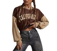 Women's Los Angeles California Hoodies Letter Crop Top Ladies Pullover Tops 2024 Color Block Patchwork with Hood Casual Long Sleeve Sport Hooded Sporty Cropped Sweaters Trendy Funny Coffee