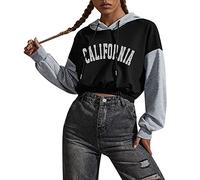 Women's Los Angeles California Hoodies Letter Crop Top Ladies Pullover Tops 2024 Color Block Patchwork with Hood Casual Long Sleeve Sport Hooded Sporty Cropped Sweaters Trendy Funny Grey