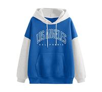 Women's Los Angeles California Letter Print Graphic Fall Essentials Hoodies Backwoods Color Block Vintage College Pullover Outfits for Teens Patchwork Drawstring Country Sweatshirts Blue