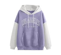 Women's Los Angeles California Letter Print Graphic Fall Essentials Hoodies Backwoods Color Block Vintage College Pullover Outfits for Teens Patchwork Drawstring Country Sweatshirts Purple