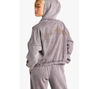 Womens Los Angeles Embroidered Overdyed Boxy Zip Through Hoodie - Beige - S, Beige