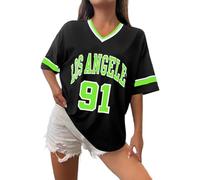 Women's Los Angeles Shirt Baseball Jerseys Oversized Y2k Number Shirts Graphic Striped Trim Casual Shirt V Neck Streetwear Striped Graphic Tee Casual Top Summer Sports Shirt, O Green, M