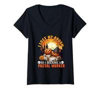 Womens Lost Broom So I Became A Postal Worker Halloween Witch Lover V-Neck T-Shirt