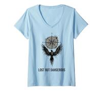 Women's Lost But Dangerous Compass Wing Graphic V-Neck T-Shirt