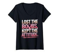 Womens Lost The Boobs Kept The Attitude Breast Cancer Awareness V-Neck T-Shirt