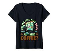 Womens Lost Your Brain Or Just Need Coffee Funny Zombie V-Neck T-Shirt