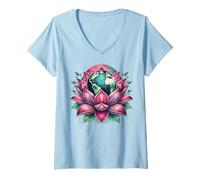 Womens Lotus Earth Flower Eco Balance Botanical Globe Art V-Neck T-Shirt