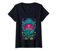Womens Lotus Mandala Flower Sacred Geometry Botanical Bloom V-Neck T-Shirt