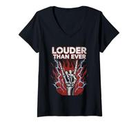 Womens Louder Than Ever Skeleton Rock Gesture V-Neck T-Shirt