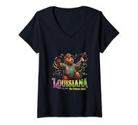 Women's Louisiana Music Bear Mardi Gras Jazz Style V-Neck T-Shirt