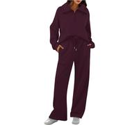 Womens Lounge Airport Outfits For Women 2025 Plus Size 2 Piece Half Zip Pockets Drawstring Elastic High Waist Tracksuit Sets Tops Wide Leg Trousers Solid Loungewear Petite Co Ord Sets For Women Wine l
