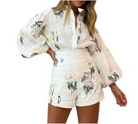Women's Lounge Set - Beige Floral Printed Long Sleeve Oversized T Shirt & High Waist Shorts - Size M
