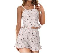 Womens Lounge Set Ribbed Sleeveless Crop Pleated Slim Fit Cotton Honeymoon Essentials Cherry Graphic Print Shorts Summer Comfortable Plus Size Pajamas for Women White