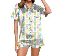 Womens Lounge Set,Women Pajama Sets for Women Sleepwear with V-Neck Button Pocket Short Sleeves and Shorts Easter Day Printed Sleepwear Ensemble Comfortable Breathable Loungewear Set (Yellow, S)