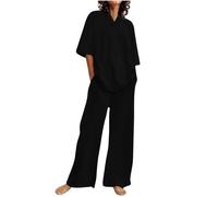 Women's Lounge Sets Fashion Two Piece Outfits V Neck Cotton Linen Short Sleeve Tops Wide Leg Pants Homewear Plus Size Summer Matching Outfit Tracksuit for Vacation Travel