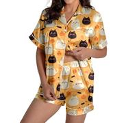 Women's Lounge Sets Womens Pyjama Halloween Skeleton Satin Ghost Pumpkin Print Drawstring Waist Set Shirts and Shorts Bat Sleepwear Loungewear Pajama Bottoms Co Ord Sets, Yellow, XXL