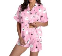 Women's Lounge Sets Womens Pyjama Halloween Witch Short Sleeve Button Down Shirt Satin Pjs Shorts Set Y2k Pumpkin 2 Piece Loungewear Sleepwear Bat Pajamas Bottoms Co Ord Sets, Pink, S