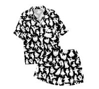 Women's Lounge Sets Womens Satin Pyjamas Set Halloween Ghost Short Sleeve Button Down Shirt Sleepwear Black Cat Loungewear Holiday Outfits Skull Pajama Bottoms Co Ord Sets, Black, M