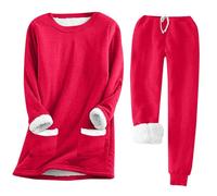 womens lounge suits ladies pyjamas sets Pyjamas for Women 2 Piece Pyjamas Sets Warm Soft Fleece Pajamas With Pockets Winter Long Sleeve Crewneck Tunic Tops And Wide cosy pjs for women sets Red