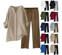 Womens Lounge Wear Linen Co Ord Sets for Women UK Sales Plus Size Ladies Linen Tracksuit 2pcs Summer Long Sleeve Blouses Tops and Wide Leg Trousers Casual Solid Loungewear Activewear with Pockets