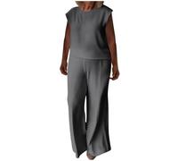 Women's Lounge Wear Set 2 Piece Plus Size Co Ord Sets Summer Outfits Ladies Round Neck Cap Sleeves Blouse Tops and High Waist Wide Leg Trousers Ladies Baggy Suits for Holiday Party Daily Gray