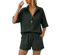 Womens Lounge wear Sets Lounge Wear Sets for Women UK Women's Cotton and Linen Shorts Set Going Out 2 Piece Co Ord Casual Loose Short Sleeve Loungewear for Women AB-Blackish Green XL