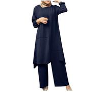Womens Lounge Wear Sets Women's Tracksuits Ladies Gym Set Jogger Sets for Women Leisure Wear Two Piece Lounge Co Ord Muslim Long Sleeve Patchwork Long Tops Wide Leg Trousers Blue