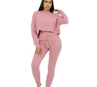 Womens Loungewear Ladies Cable Knitted Top Bottom Two Piece Co-Ords Set Tracksuit UK Sizes (8-16) (Blush, 12)