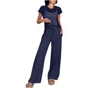Womens Loungewear Two Piece Tracksuit, Short Sleeve Crew Neck Crochet Tops Drawstring and Wide Leg Pants Leisure Outfits, Casual Solid Co Ords Sets, Full Set for Women UK Holiday Dailywear Navy