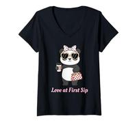 Women's Love at First Sip Panda Coffee Lover Cute Valentine V-Neck T-Shirt