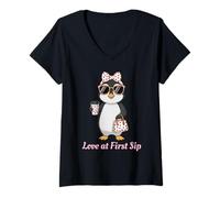 Women's Love at First Sip Penguin Coffee Lover Cute Design V-Neck T-Shirt