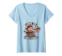 Women's Love at First Strike Funny Baseball Character Valentines Day V-Neck T-Shirt