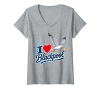 Women's Love Blackpool Funny Seagull Stealing Chip British Seaside V-Neck T-Shirt