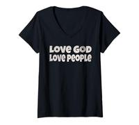 Womens Love God Love People Church Christian Faith Peace Retro V-Neck T-Shirt
