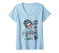Women's Love Hard Mom Mode Skeleton Messy Bun V-Neck T-Shirt