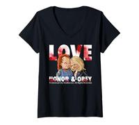Womens Love Honor and Obey Horror Couple Chucky Tiffany V-Neck T-Shirt