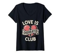 Womens Love is Overrated Club Retro Broken Heart Anti Valentine V-Neck T-Shirt